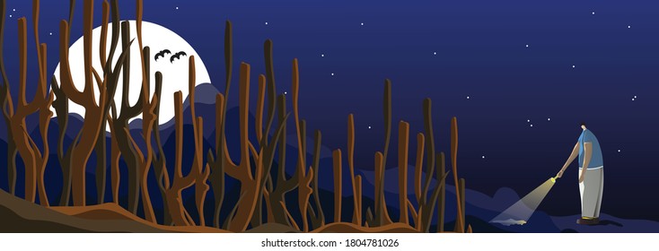 Charming haunted environment created by full moon, bats, dry trees, shadowy hills, dark night and a single flat shaded character with torch. Scenery vector illustration. Easily customizable.