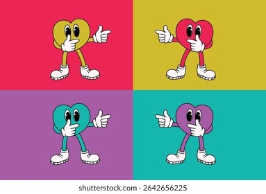 Caracteres Coração Charmoso Apontando Pop Art Estilo Ilustrações