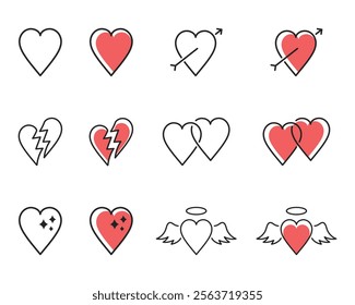 Charming heart and love icons vector set, perfect for romantic, wedding, or Valentine’s Day designs. High-quality, scalable illustrations for branding, invitations, and creative projects.