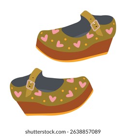 Charming Heart Patterned Retro Shoes Isolated Vector Illustration. The vector illustration emphasizes the unique design and vibrant color palette, perfect for fashion projects.
