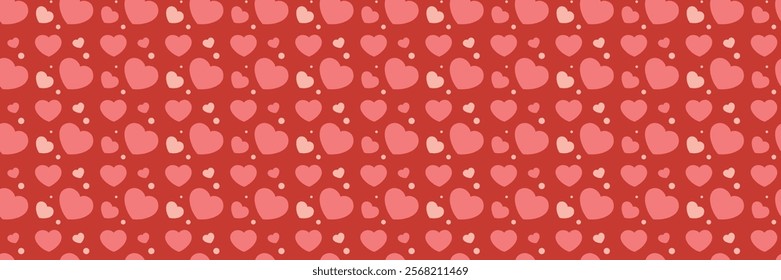 Charming Heart Seamless Pattern with Pink and Red Hearts on a Vibrant Red Background Endless texture for textile, wallpaper, wrapping paper, fabric, packaging Horizontal long banner Valentine's Day