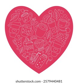 A charming heart shaped illustration featuring a delightful assortment of coffee, drinks and desserts