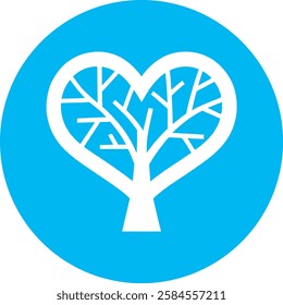 A charming Heart Tree icon in crisp white on a light Cambridge blue background. Symbolizing love, growth, and nature, its elegant and minimalist design conveys warmth and positivity.