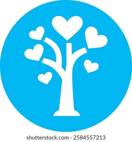 A charming Heart Tree icon in crisp white on a light Cambridge blue background. Symbolizing love, growth, and nature, its elegant and minimalist design conveys warmth and positivity.