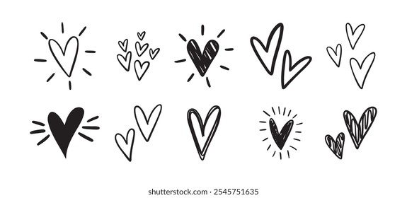 Conjunto de corazones encantadores. Doodle de corazón dibujado a mano. Dibujar corazones delineados Transmite Amor, Afecto Y Creatividad. Ilustración vectorial