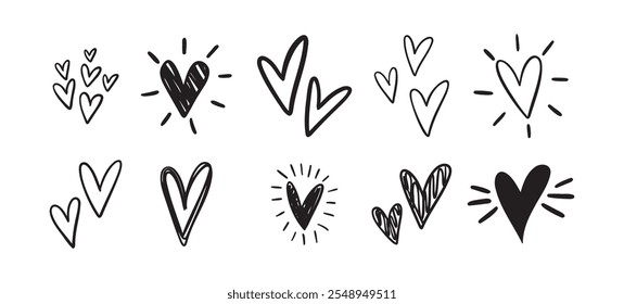 Conjunto de corazones encantadores. Doodle de corazón dibujado a mano. Dibujar corazones delineados Transmite Amor, Afecto Y Creatividad. Ilustración vectorial