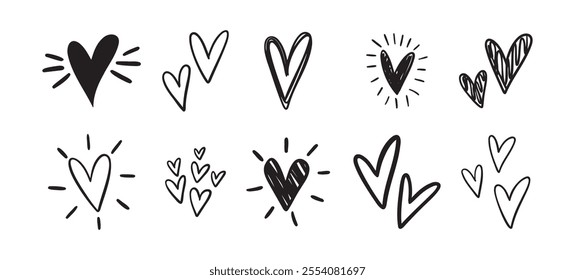 Charming hearts set. Hand Drawn Heart Doodle. Drawing outline hearts Convey Love, Affection And Creativity. Vector illustration