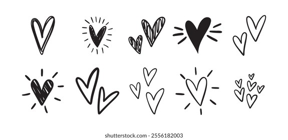 Charming hearts set. Hand Drawn Heart Doodle. Drawing outline hearts Convey Love, Affection And Creativity. Vector illustration