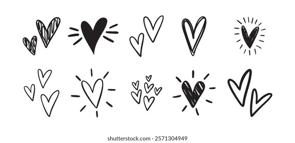 Charming hearts set. Hand Drawn Heart Doodle. Drawing outline hearts Convey Love, Affection And Creativity. Vector illustration