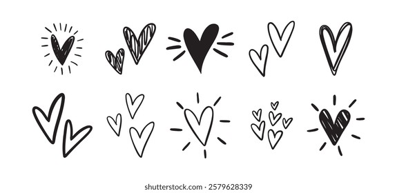 Charming hearts set. Hand Drawn Heart Doodle. Drawing outline hearts Convey Love, Affection And Creativity. Vector illustration