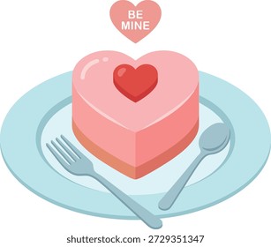 Ein charmanter herzförmiger Kuchen mit Valentinstag-Thema und Essgeschirr wird präsentiert.