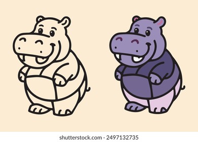 Charming hippo cartoon vector set featuring a cute purple hippo and its outline version. Ideal for children's projects, nursery art, and playful animal designs. Perfect for colouring and design use.