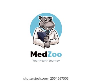 A charming hippo doctor holding a clipboard for medical branding