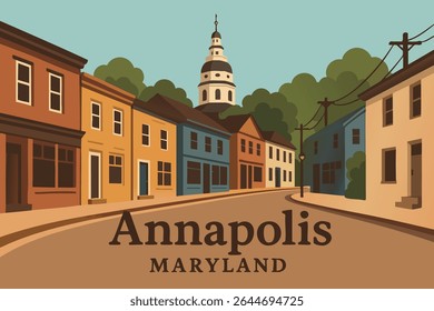 As encantadoras e históricas ruas de Annapolis, Maryland, brilhando à luz da noite, com arquitetura colonial e uma atmosfera pacífica e cênica perfeita para um passeio tranquilo