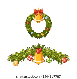 Charming Holiday Cartoon Illustration Featuring A Festive Christmas Wreath And Garland Adorned With Golden Bells And Vibrant Ornaments. Decorative Elements Evokes A Cheerful And Joyful Holiday Spirit