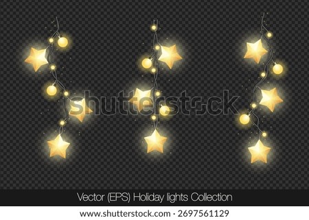 Charming Holiday lights set with glowing stars, yellow light bulbs and twinkles, isolated on transparent background. Decorative orange string lights with twinkle