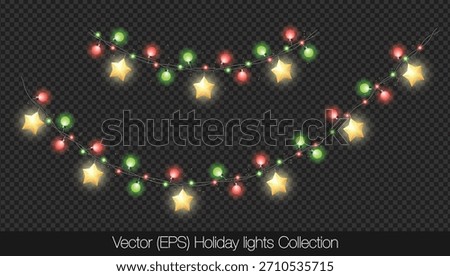 Charming Holiday lights set with glowing stars, colorful light bulbs and twinkles, isolated on transparent background. Decorative colorful string lights with twinkle