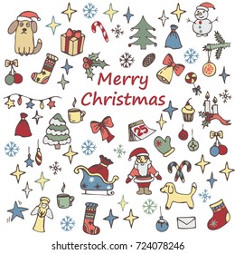 Charming holiday-themed doodles featuring Christmas trees, ornaments, and festiv. Vintage Christmas tree toys, Snowflakes and stars. 