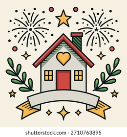Charming home illustration with festive elements perfect for holiday greetings and cozy designs