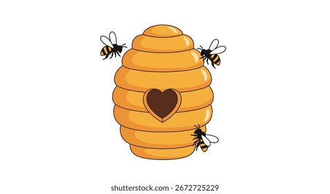 A charming honeycomb beehive with three busy bees flying around it