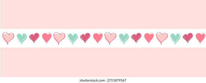 Charming horizontal heart border illustration. A long decorative strip with sweet, playful hearts perfect for banners, Valentine designs, greeting cards, and romantic layouts.
