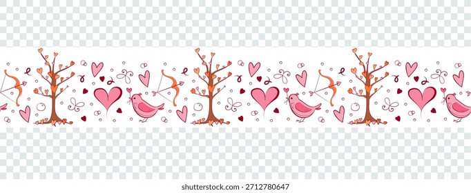 Charmosa ilustração horizontal da borda do coração. Uma longa tira decorativa com corações doces e brincalhões perfeitos para banners, desenhos de namorados, cartões de felicitações e layouts românticos.
