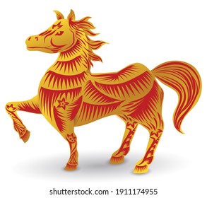 Charming horse of Chinese Zodiac with long mane and tail, decorated with flowers, lines, golden and red colors, isolated over white background.