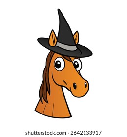 A charming horse trots proudly wearing a black witch hat, blending spooky style with countryside charm—perfect for a magical Halloween ride through the moonlit fields.
