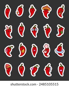 Charming hot pepper with a cheerful expression on his face. Sticker Bookmark. Funny cartoon vegetable. Hand drawn style. Vector drawing. Collection of design elements.