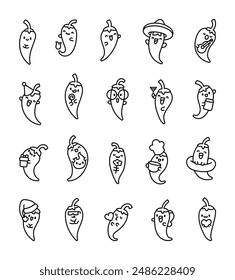Charming hot pepper with a cheerful expression on his face. Coloring Page. Funny cartoon vegetable. Hand drawn style. Vector drawing. Collection of design elements.