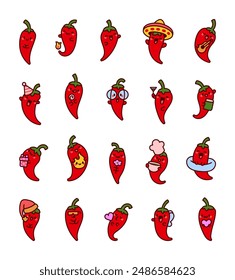 Charming hot pepper with a cheerful expression on his face. Funny cartoon vegetable. Hand drawn style. Vector drawing. Collection of design elements.