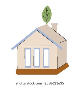 Charming house illustration with a green leaf on the roof and minimalist design