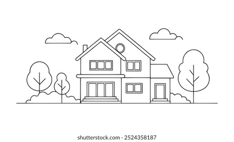 A charming house set against a backdrop of lush trees and vibrant bushes line art flat vector illustration on white background