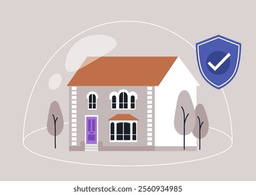 A charming house is shown under a protective dome, symbolizing the security provided by house insurance, Trees frame the scene, emphasizing safety and comfort