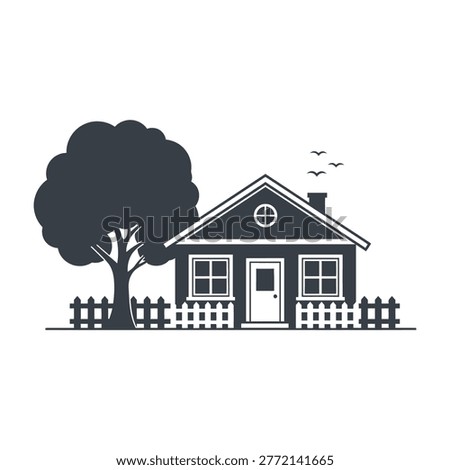 A charming house with a tree and picket fence, evoking a sense of suburban tranquility and peaceful living.