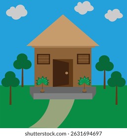 Charming House Vector Illustration with Trees Plants and Blue Sky Background
