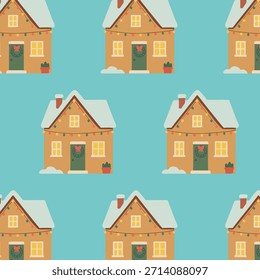 Charming houses with festive decorations create a cheerful holiday atmosphere, ideal for seasonal designs and joyful celebrations, showcasing vibrant colors and cozy details