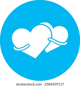 A charming Hugging Hearts icon in crisp white on a light Cambridge blue background. Symbolizing love, warmth, and connection, its minimalist design exudes care, unity, and affection.