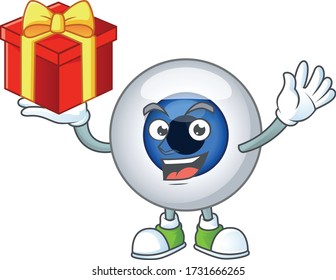 Charming human eye ball mascot design has a red box of gift