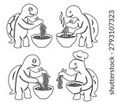 A charming and humorous collection of four high-contrast black vector silhouettes featuring an adorable cartoon turtle enjoying a delicious bowl of noodles. Each graphic captures the determined little tortoise skillfully using chopsticks to lift strings of noodles from its bowl, with one silhouette playfully showcasing the character wearing a classic pleated chef hat. Perfectly isolated on a solid white background, these clean, high-quality stencils are highly versatile and fully optimized for ramen restaurant branding, cafe menus, food truck logos, custom vinyl stickers, laser engraving crafts, t-shirt printing, and DIY Cricut or Silhouette projects.