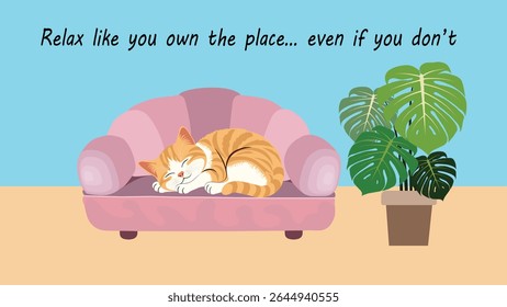 A charming and humorous illustration perfect for cat lovers, depicting a ginger and white tabby cat blissfully asleep on a plush pink sofa. Next to the sofa is a potted Monstera deliciosa plant