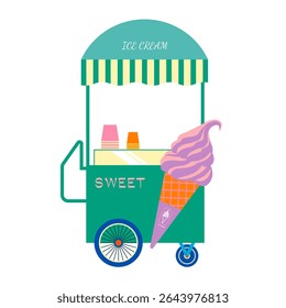 Charming ice cream cart with striped canopy, ready for sale — Summer concept vector illustration.