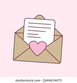 A charming icon of an open envelope with a letter and a pink heart. Perfect for Valentine's Day, love, messages, romance, and special announcements.