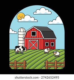 A charming idyllic farm scene with a red barn, cows, and sheep under a sunny sky. Vector illustration.