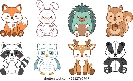 Charming illustrated collection featuring stitched woodland animal plush toys, including a fox, rabbit, hedgehog, squirrel, raccoon, owl, deer, and badger. Ideal for nursery decor, children’s products, sewing projects, greeting cards, stickers, and educational designs.
