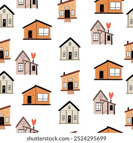 Charming illustrated pattern featuring various houses with heart accents. Perfect for home decor, wallpapers, or children’s designs, this playful composition brings warmth and creativity