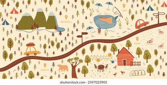 Charming illustrated vector map of a local countryside area showing forests, mountains, a lake, farms, and camping, connected by a winding road with various activities depicted in a playful style.