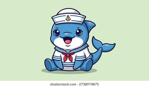 A charming illustration of a baby dolphin dressed as a sailor, sitting and smiling.