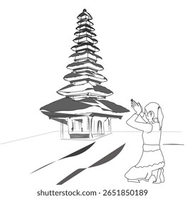 A charming illustration of Bali's iconic temple and traditional architecture, with a character walking peacefully. Great for tourism, travel guides, or cultural art concepts.