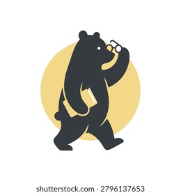 Charming illustration of a bear walking while reading, suitable for education, libraries, bookstores, or school logos.